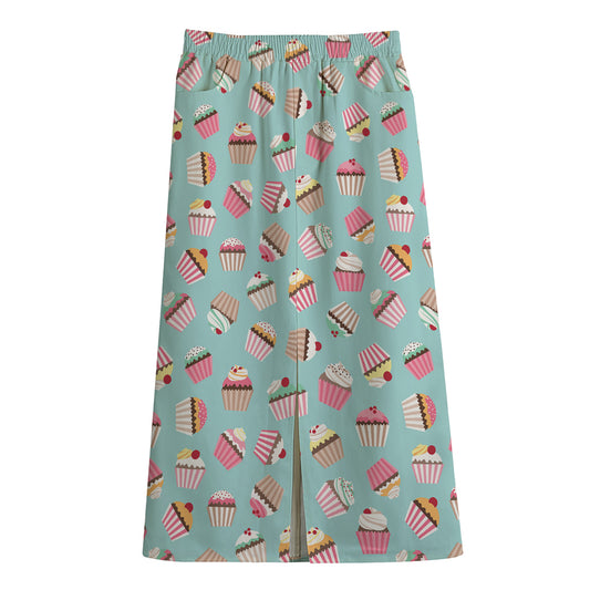 Pastel Cupcake Pattern Print Cotton Front Slit Maxi Skirt