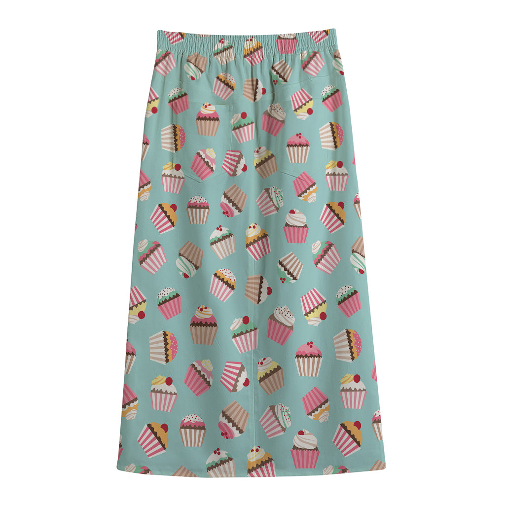 Pastel Cupcake Pattern Print Cotton Front Slit Maxi Skirt