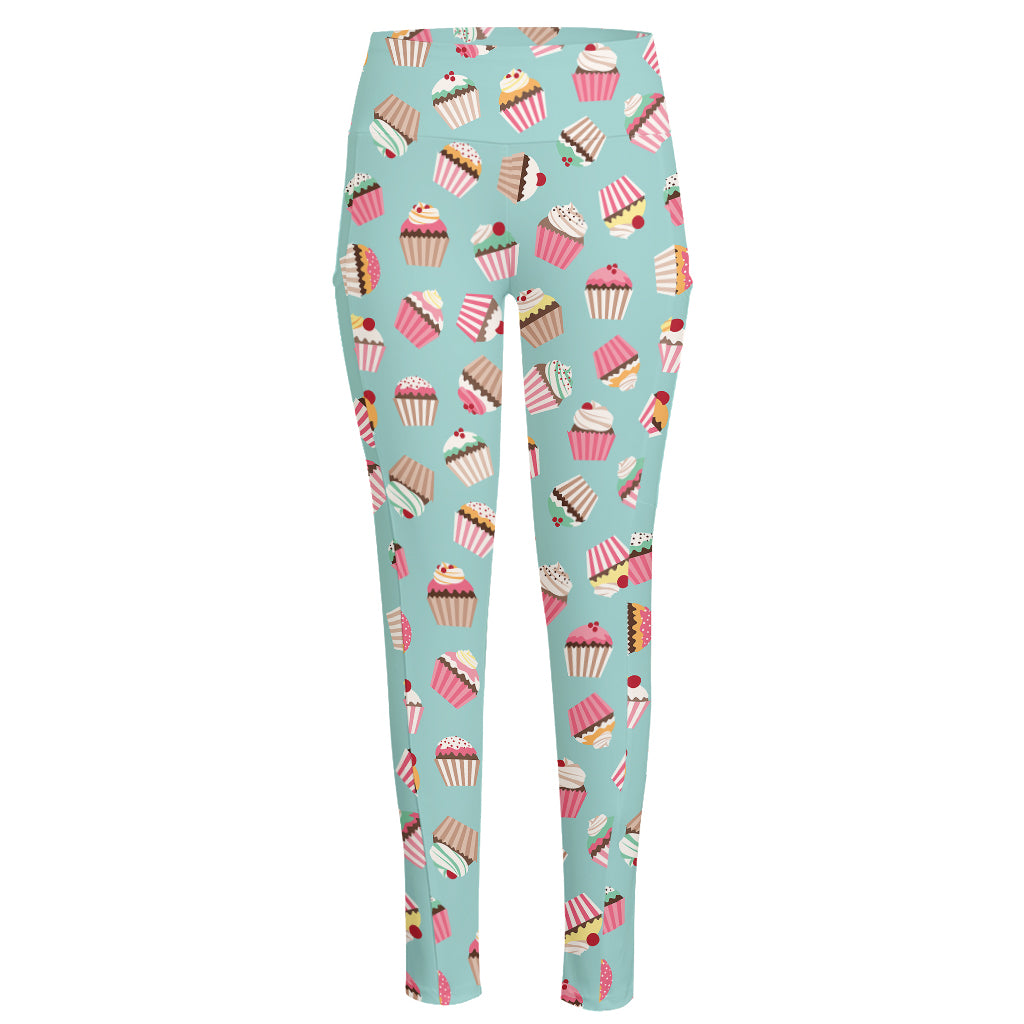 Pastel Cupcake Pattern Print High-Waisted Pocket Leggings