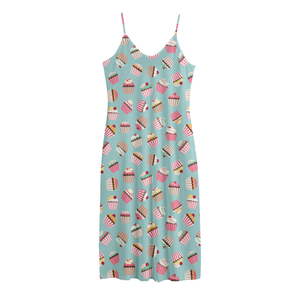 Pastel Cupcake Pattern Print Jersey Midi Cami Dress
