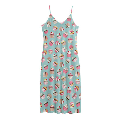 Pastel Cupcake Pattern Print Jersey Midi Cami Dress