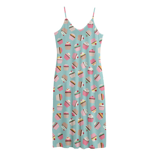 Pastel Cupcake Pattern Print Jersey Midi Cami Dress