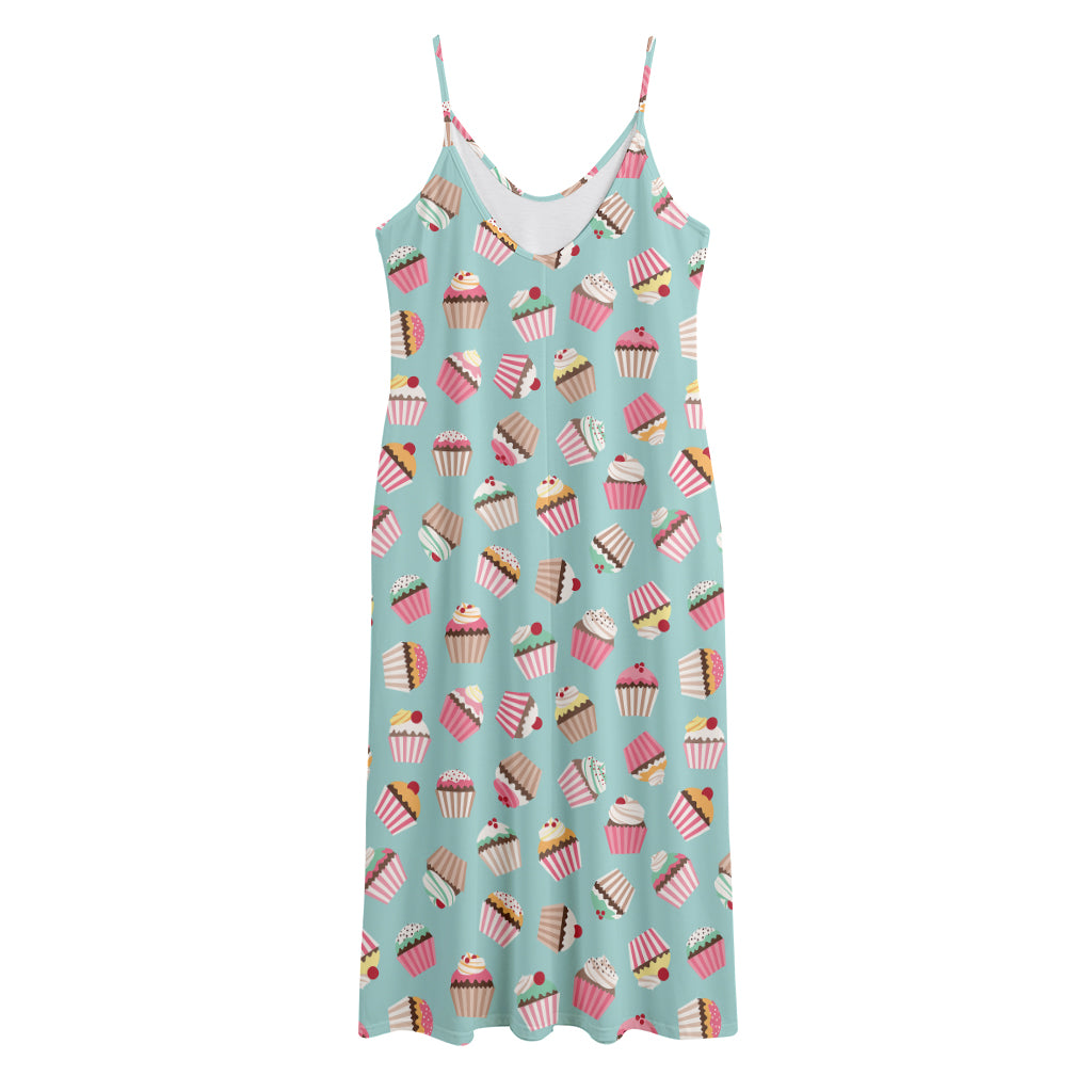 Pastel Cupcake Pattern Print Jersey Midi Cami Dress