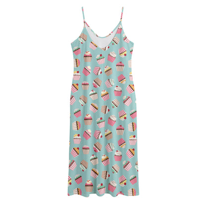 Pastel Cupcake Pattern Print Jersey Midi Cami Dress