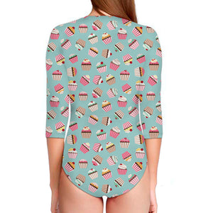 Pastel Cupcake Pattern Print Long Sleeve Swimsuit