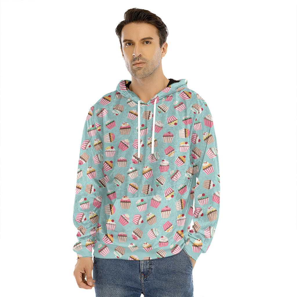 Pastel Cupcake Pattern Print Men's Velvet Pullover Hoodie