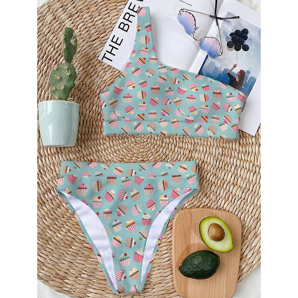 Pastel Cupcake Pattern Print One Shoulder Bikini Top