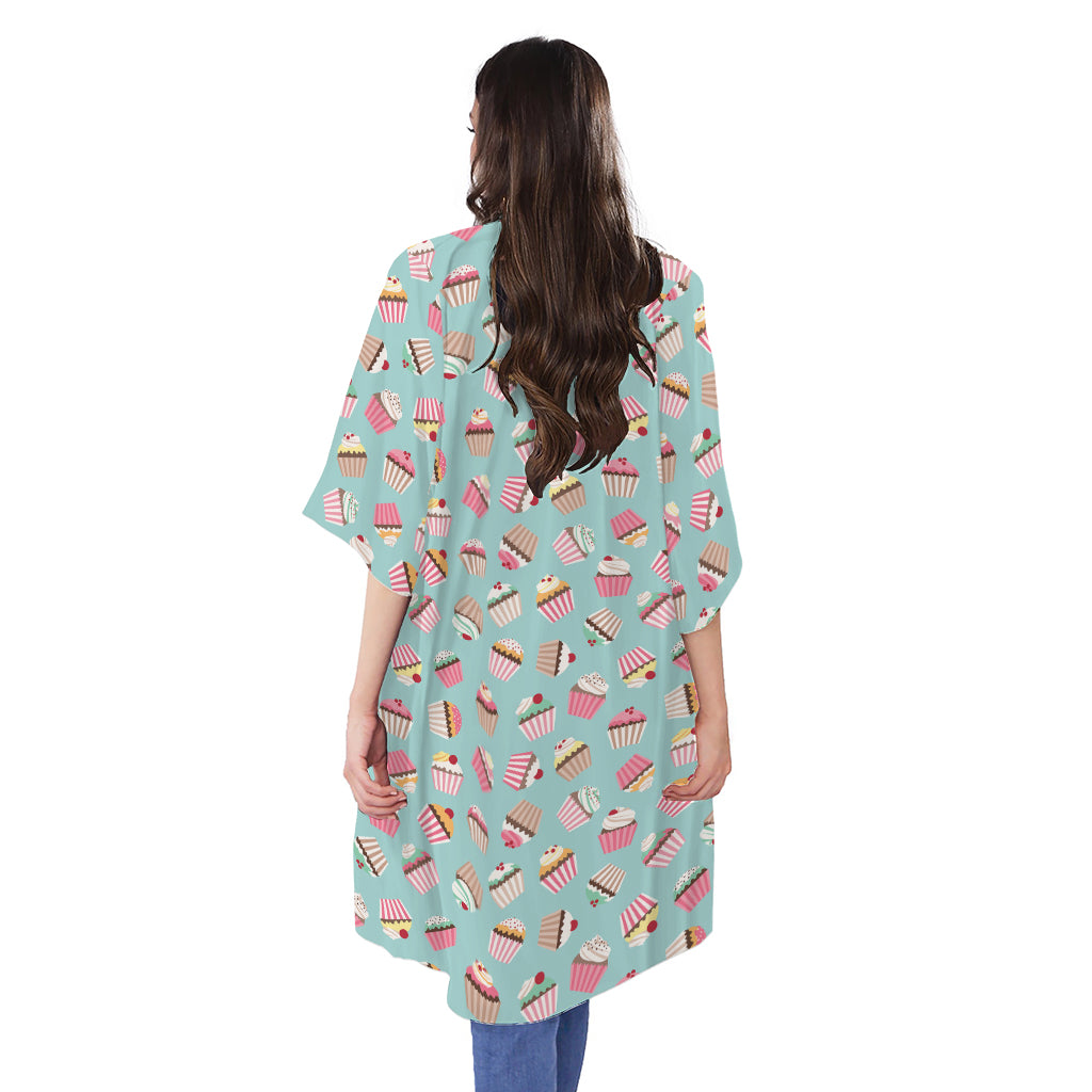 Pastel Cupcake Pattern Print Open Front Beach Cover Up