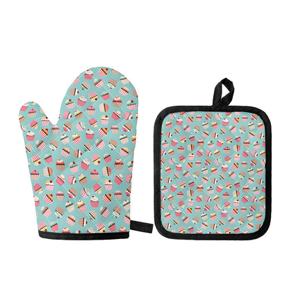 Pastel Cupcake Pattern Print Oven Mitt And Pot Holder Set