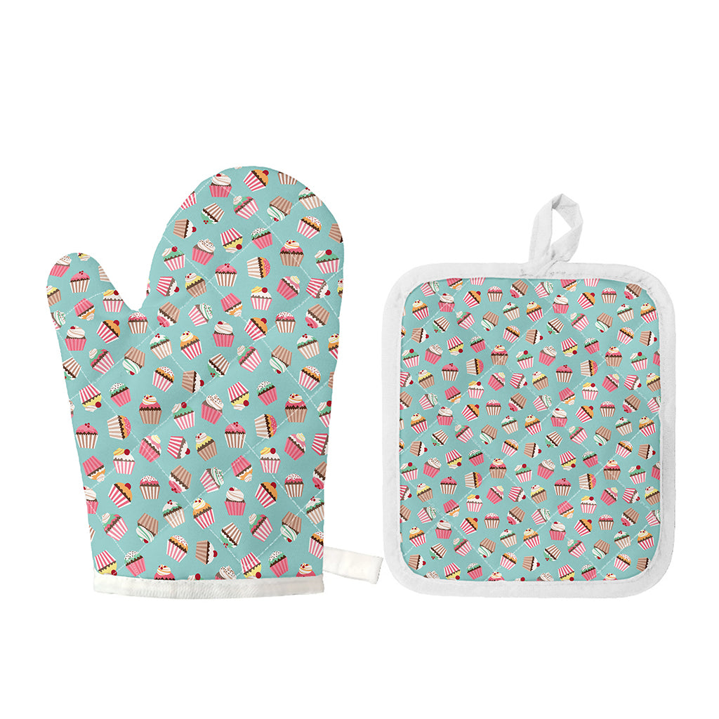 Pastel Cupcake Pattern Print Oven Mitt And Pot Holder Set