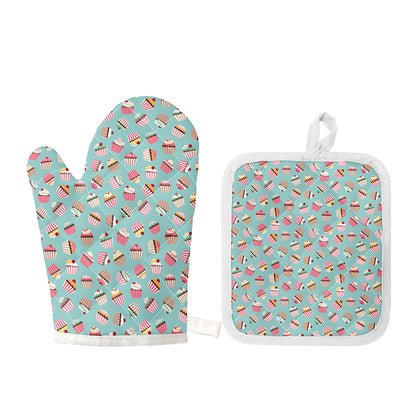 Pastel Cupcake Pattern Print Oven Mitt And Pot Holder Set