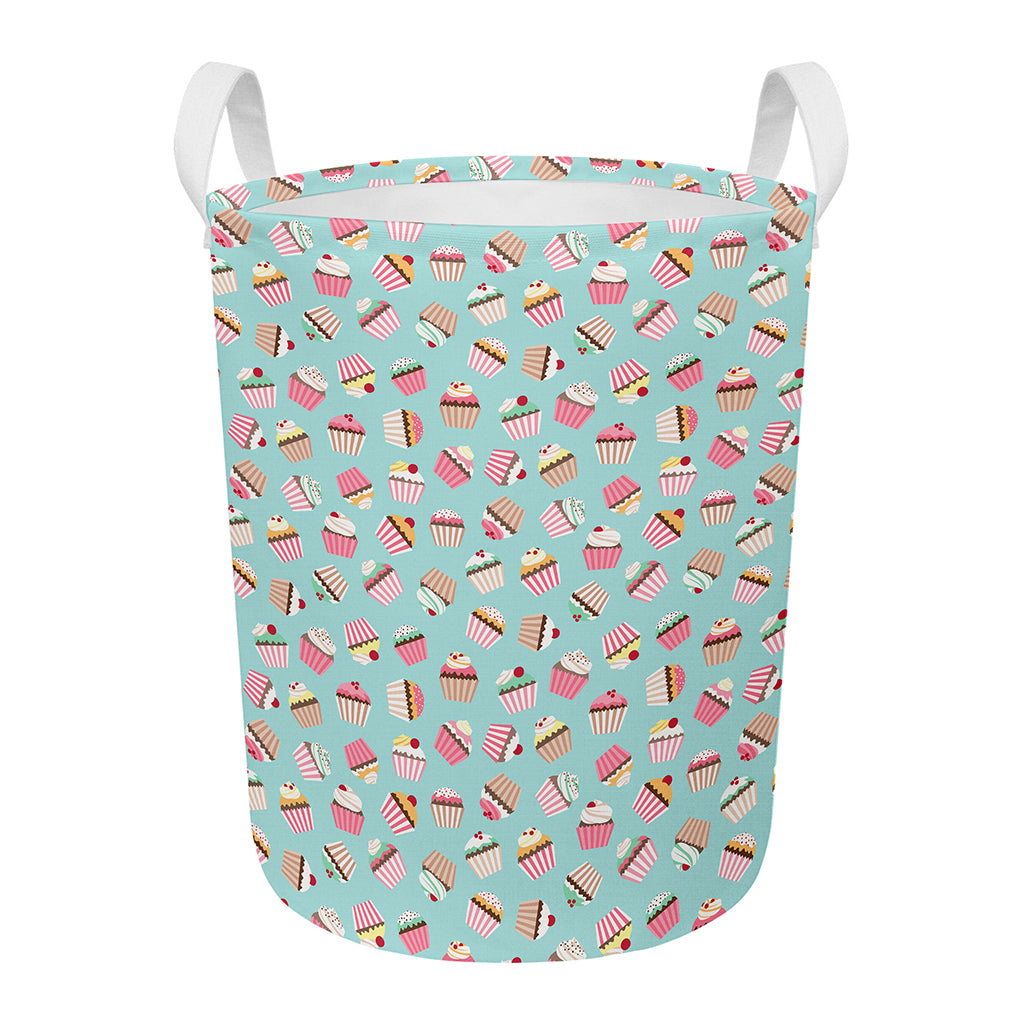 Pastel Cupcake Pattern Print Round Laundry Basket