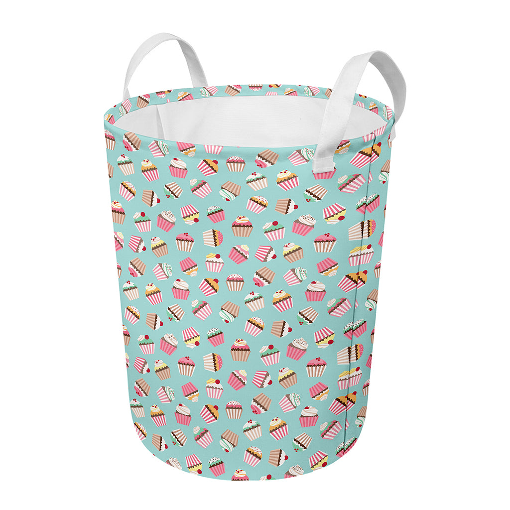 Pastel Cupcake Pattern Print Round Laundry Basket