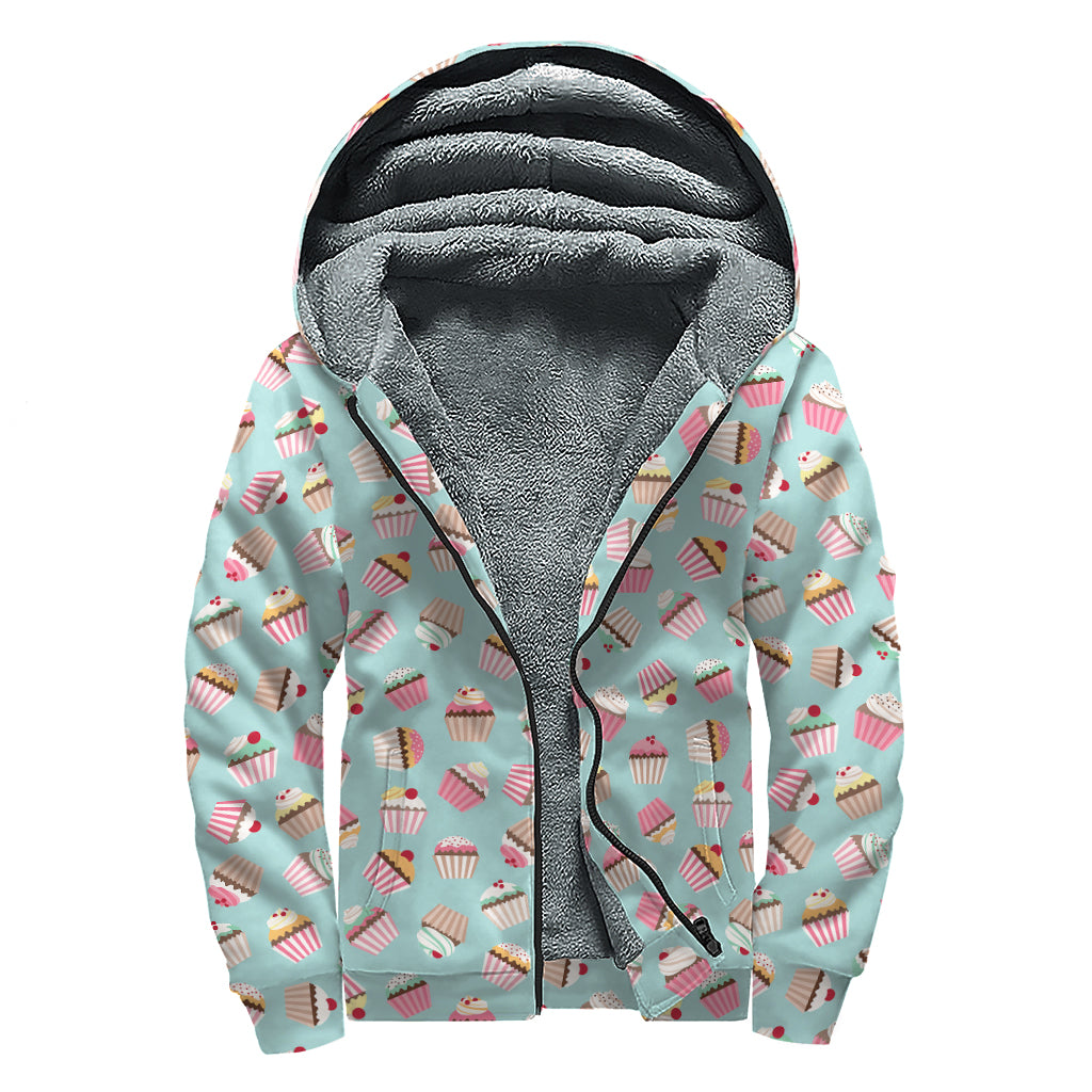 Pastel Cupcake Pattern Print Sherpa Lined Zip Up Hoodie