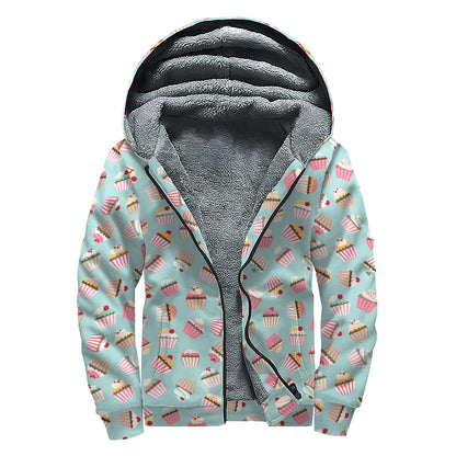 Pastel Cupcake Pattern Print Sherpa Lined Zip Up Hoodie