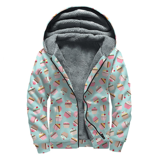 Pastel Cupcake Pattern Print Sherpa Lined Zip Up Hoodie