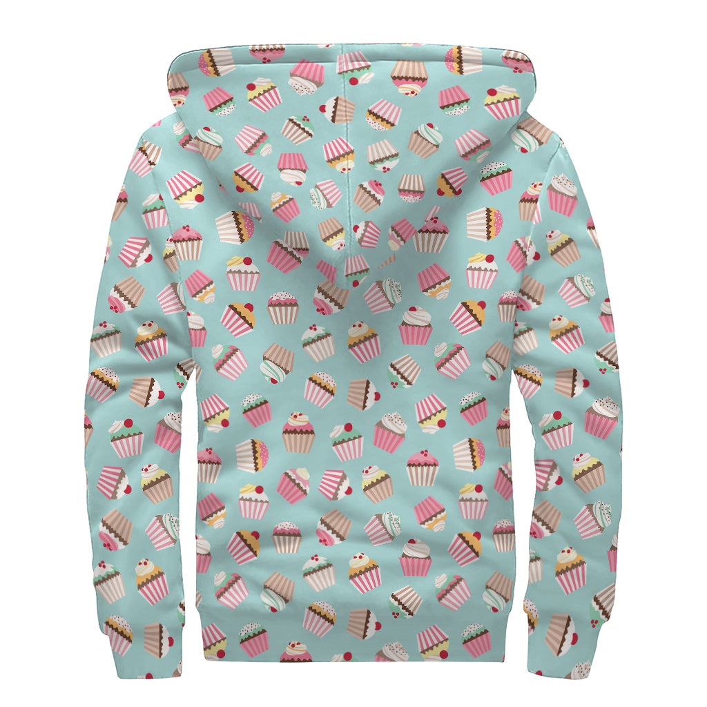 Pastel Cupcake Pattern Print Sherpa Lined Zip Up Hoodie