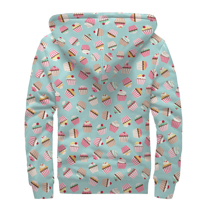 Pastel Cupcake Pattern Print Sherpa Lined Zip Up Hoodie