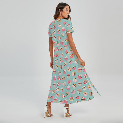 Pastel Cupcake Pattern Print Short Sleeve Maxi Dress