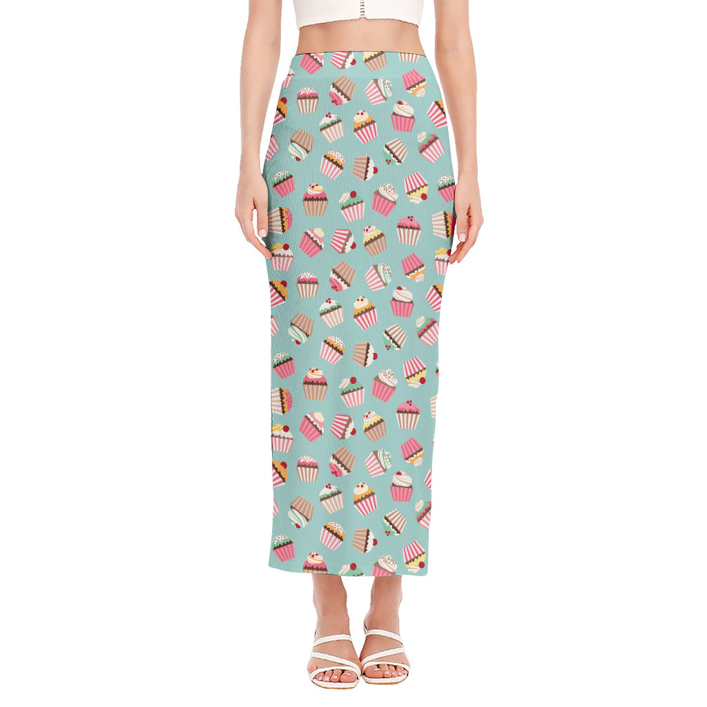 Pastel Cupcake Pattern Print Side Slit Maxi Skirt