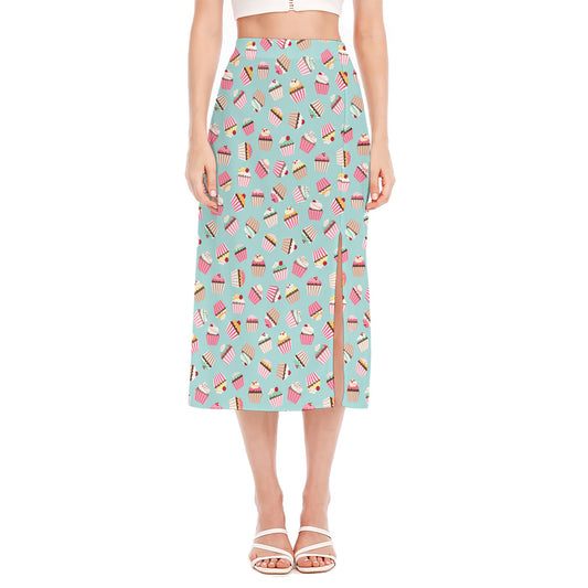 Pastel Cupcake Pattern Print Side Slit Midi Skirt