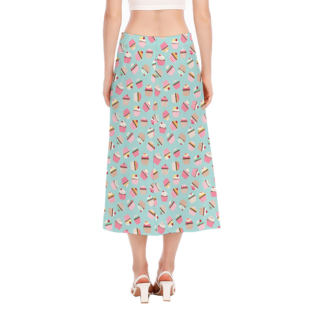 Pastel Cupcake Pattern Print Side Slit Midi Skirt