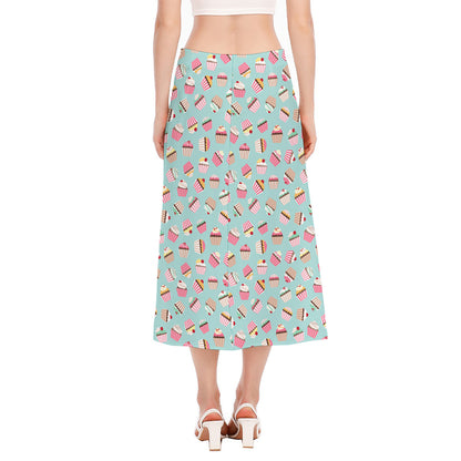 Pastel Cupcake Pattern Print Side Slit Midi Skirt