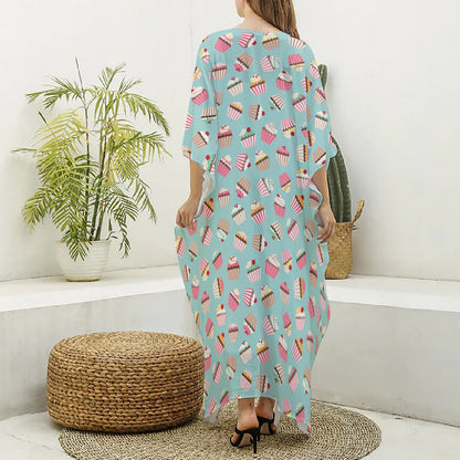 Pastel Cupcake Pattern Print Silk V-Neck Kaftan Dress