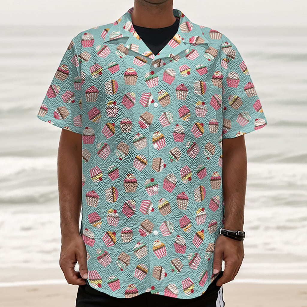 Pastel Cupcake Pattern Print Textured Short Sleeve Shirt