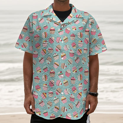 Pastel Cupcake Pattern Print Textured Short Sleeve Shirt