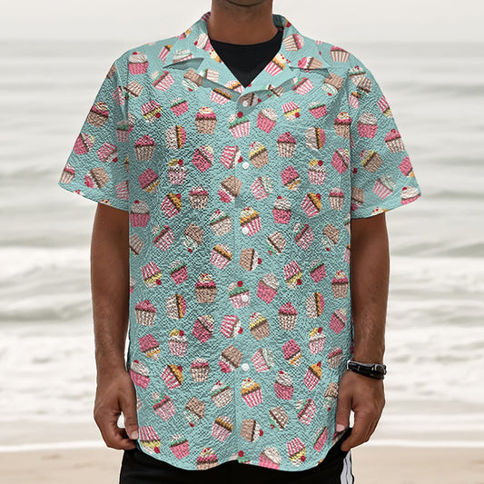 Pastel Cupcake Pattern Print Textured Short Sleeve Shirt