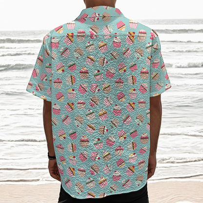 Pastel Cupcake Pattern Print Textured Short Sleeve Shirt