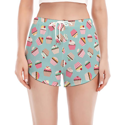 Pastel Cupcake Pattern Print Women's Split Running Shorts