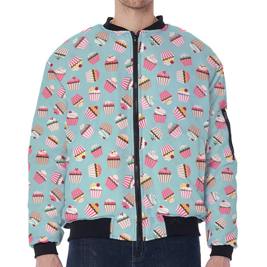 Pastel Cupcake Pattern Print Zip Sleeve Bomber Jacket