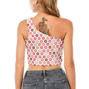 Pastel Donut Pattern Print One Shoulder Crop Top