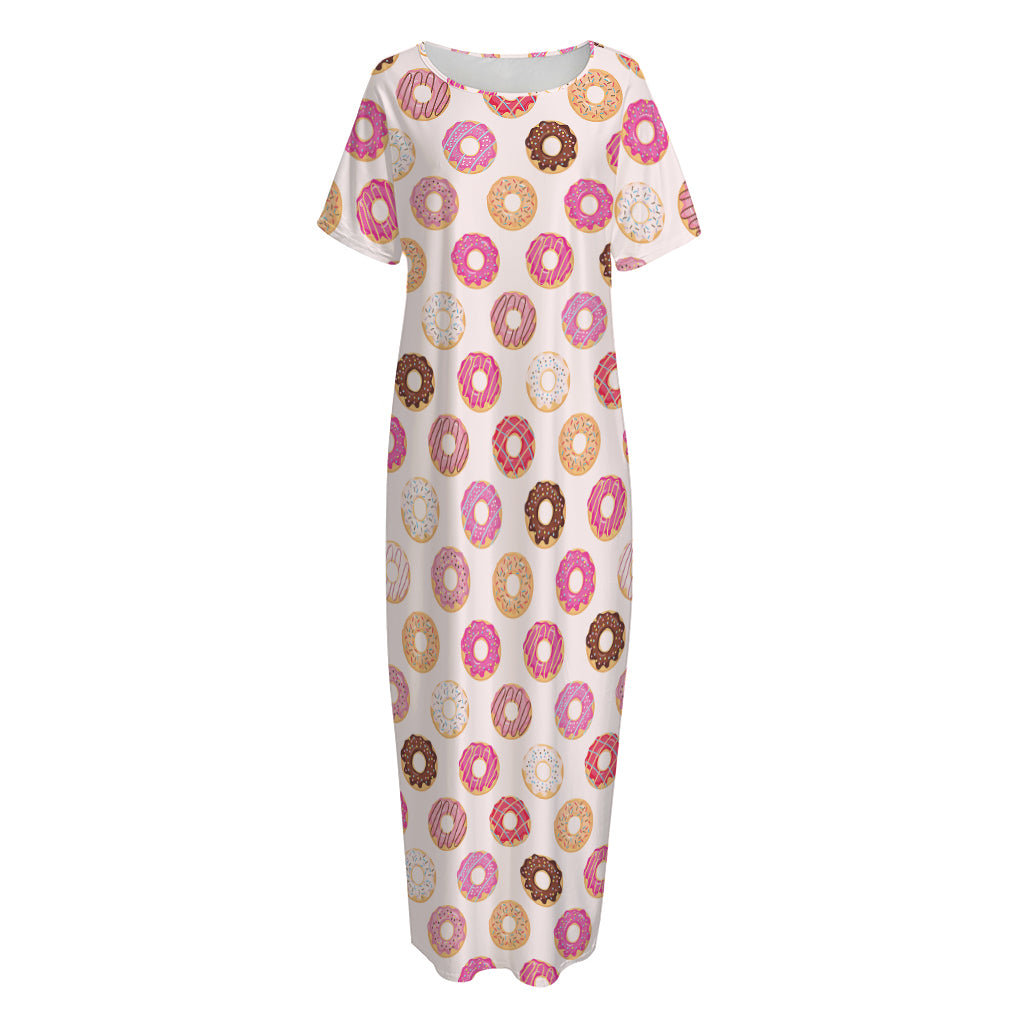 Pastel Donut Pattern Print Short Sleeve Long Nightdress