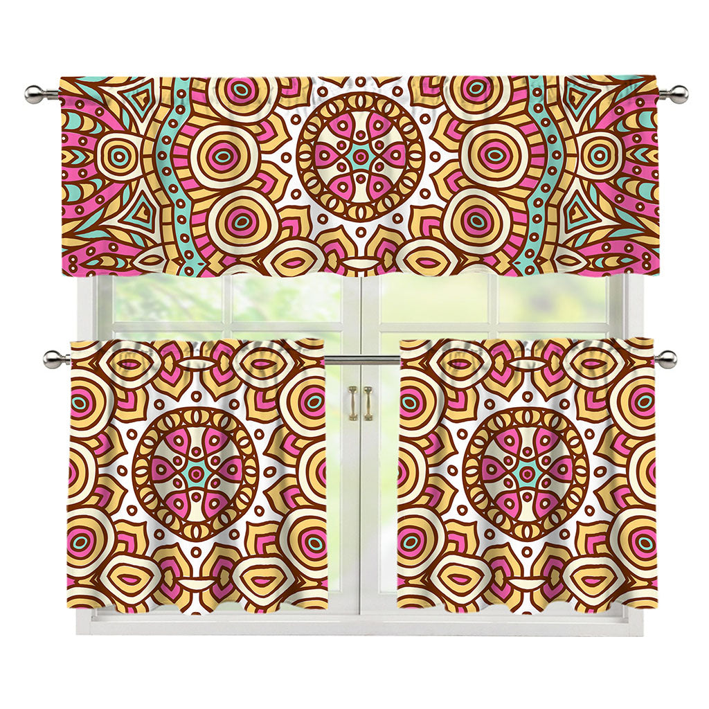 Pastel Ethnic Mandala Print 3 Piece Kitchen Curtains