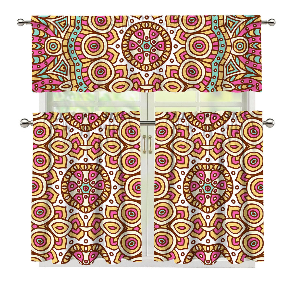 Pastel Ethnic Mandala Print 3 Piece Kitchen Curtains