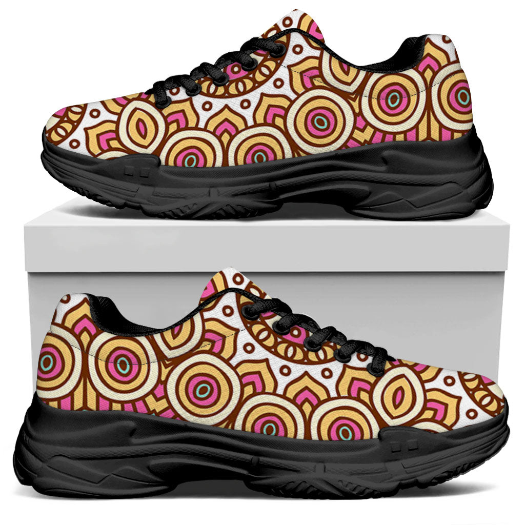Pastel Ethnic Mandala Print Black Chunky Shoes