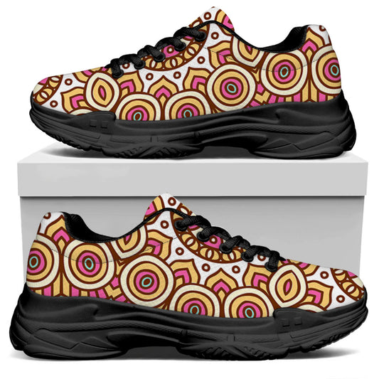 Pastel Ethnic Mandala Print Black Chunky Shoes