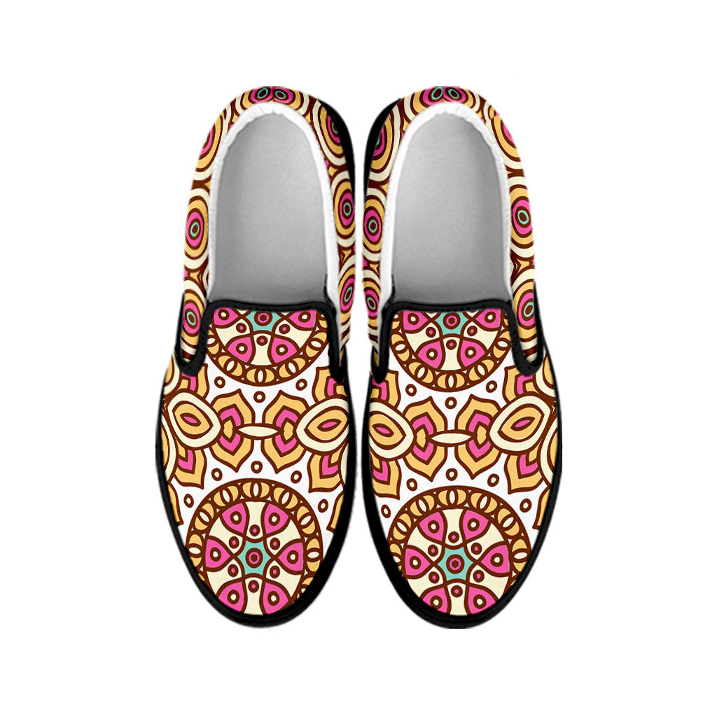 Pastel Ethnic Mandala Print Black Slip On Sneakers