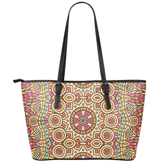 Pastel Ethnic Mandala Print Leather Tote Bag