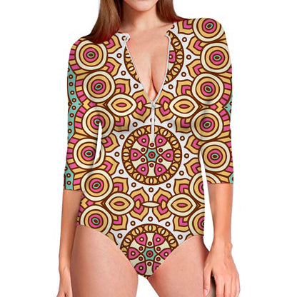 Pastel Ethnic Mandala Print Long Sleeve Swimsuit