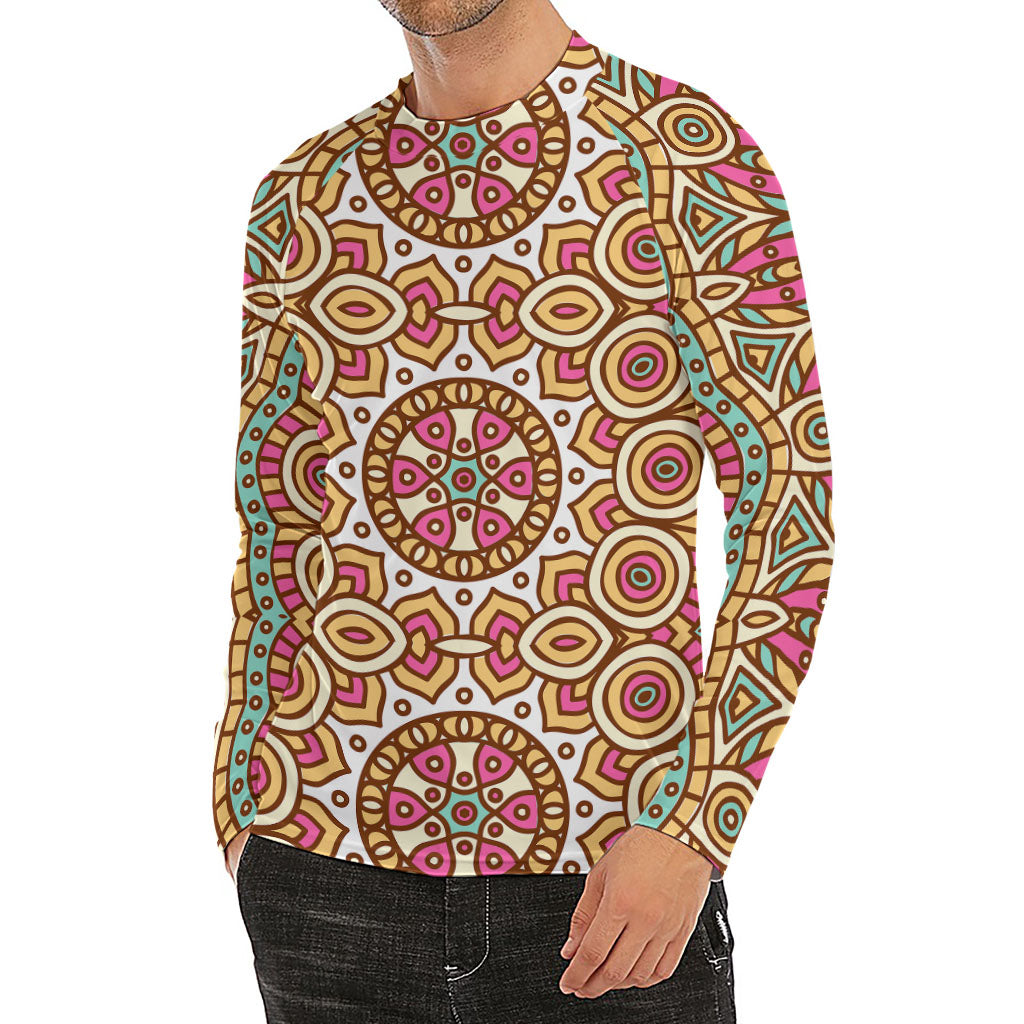 Pastel Ethnic Mandala Print Men's Long Sleeve Rash Guard