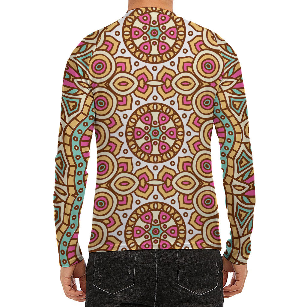 Pastel Ethnic Mandala Print Men's Long Sleeve Rash Guard