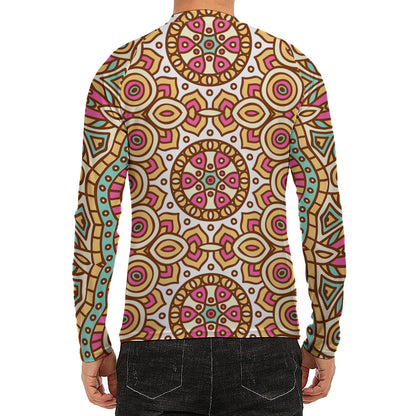 Pastel Ethnic Mandala Print Men's Long Sleeve Rash Guard