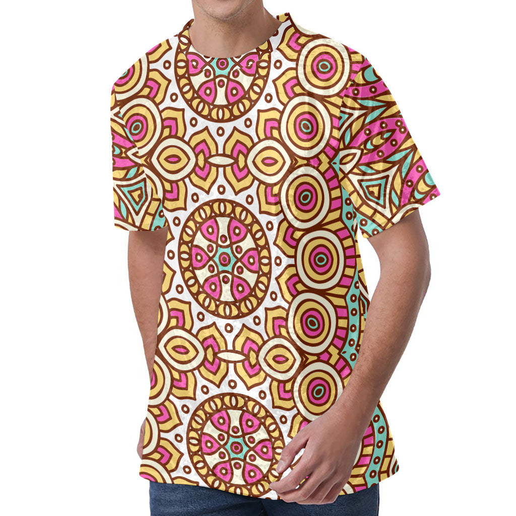 Pastel Ethnic Mandala Print Men's Velvet T-Shirt