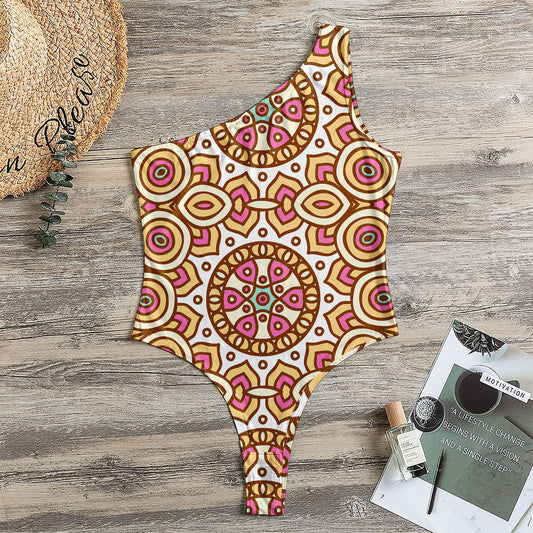 Pastel Ethnic Mandala Print One Shoulder Bodysuit