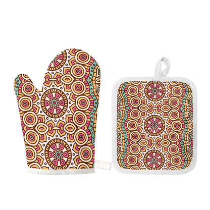 Pastel Ethnic Mandala Print Oven Mitt And Pot Holder Set