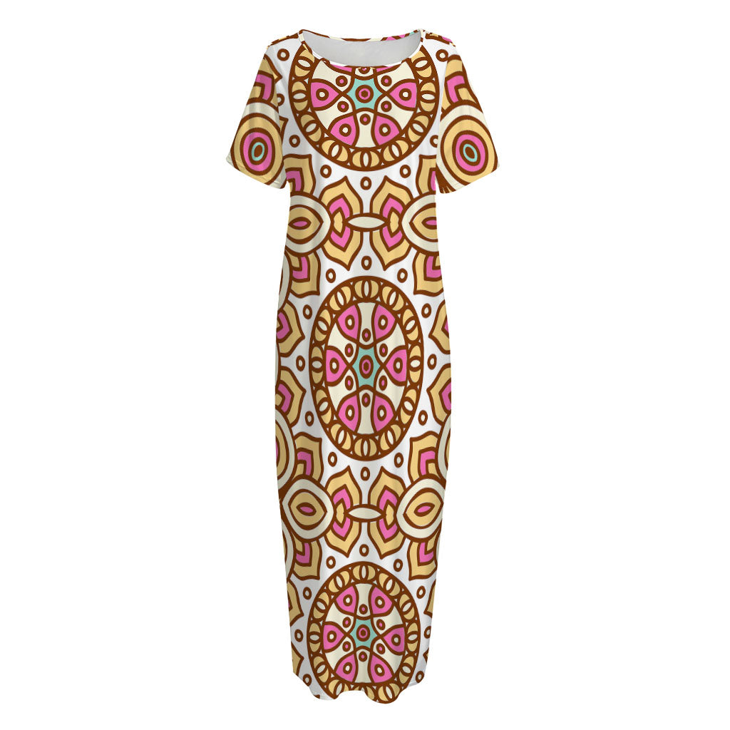 Pastel Ethnic Mandala Print Short Sleeve Long Nightdress